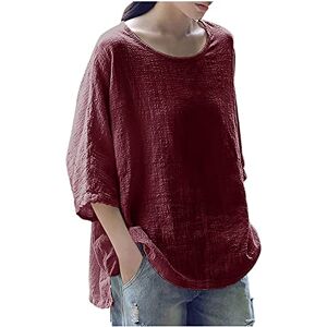 Yolimok Summer Tops for Women UK Sale 3/4 Sleeve Cotton Linen Solid Crew Neck Ladies Tops Casual Loose Three Quarter Sleeve Tunic T Shirt Plus Size Elegant Blouse Shirts UK 8-18 Wine