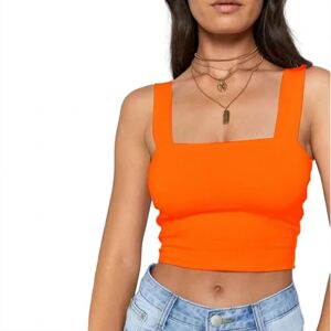 NSLFA camisole tops for women Square Neck Sleeveless Summer Crop Top Women Casual Basic T Shirt Off Shoulder Cami Top-Orange-L