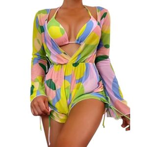 Jiqoe 3PCS Women Bathing Suit with Beach Cover Up Short Jumpsuit Romper, Halterneck Top and Low Waist Bottom Lemon Yellow