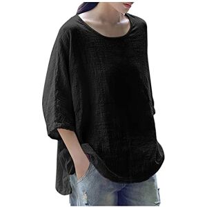 Yolimok Summer Tops for Women UK Sale 3/4 Sleeve Cotton Linen Solid Crew Neck Ladies Tops Casual Loose Three Quarter Sleeve Tunic T Shirt Plus Size Elegant Blouse Shirts UK 8-18 Black