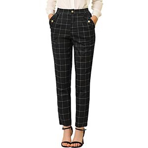 Allegra K Women's Tartan Plaid Trouser Vintage Elastic Waist Straight Work Trousers Black L