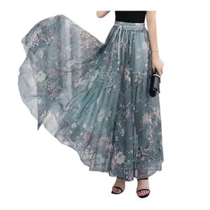 FXSMCXJ Long Skirt Style Ink Fragmented Vintage Chiffon Skirt Women Spring High Waist Mid Length Large Hem A-line Pleated Skirt-smoke Blue-l