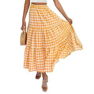 Nokiwiqis Women Summer Boho Maxi Skirt Plaid Elastic High Waist Pleated A-Line Long Skirt Elegant Ruffle Flowy Swing Beach Skirts (Yellow, M)