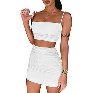 Womens 2 Piece Outfits Spaghetti Strap Ruched Cami Crop Tops Summer Bodycon Short Mini Skirt Dress Set Clubwear X-Small White