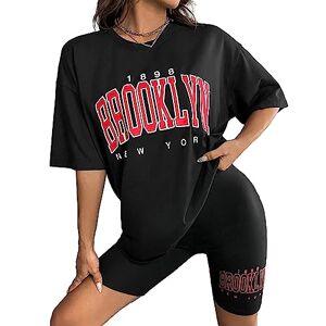 Loozykit Women's T-shirt Cycling Shorts Set 2 Piece Tracksuit for Women Summer Casual Loose Crew Neck Oversized Half Sleeve T Shirt Stretch Shorts (B-Black XL)