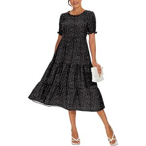 YUNDAI Women's Summer Casual Maxi Boho Dress Floral Print Ruffle Puff Sleeve High Waist Modest Long Dresses, Large Polka Dot Black