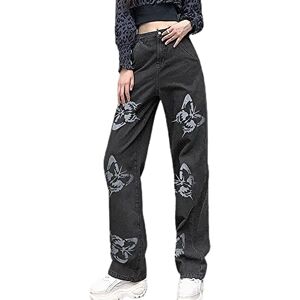 SANSIWU Womens Y2K Baggy High Waist Straight Wide Leg Ripped Jeans ButterflySolid Color Wide Leg Casual Streetwear Denim Pants (A-Grey, Large)