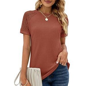 Bequemer Laden Womens Summer Lace Short Sleeve Tshirts Crew Neck Casual Loose Tops Shirt Blouse Brickred