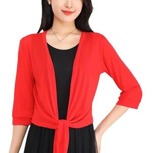 LIUYUYOUGO Summer Cardigan, Women Sexy Sheer Cardigan 3/4 Sleeve Open Front Summer Lightweight Waterfall Cardigan Elegant Plain Shawl Shrug Jacket Casual Business Mesh Cover Up For Dress Red Xl