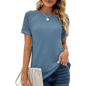 Bequemer Laden Womens Summer Lace Short Sleeve Tshirts Crew Neck Casual Loose Tops Shirt Blouse Sky Blue