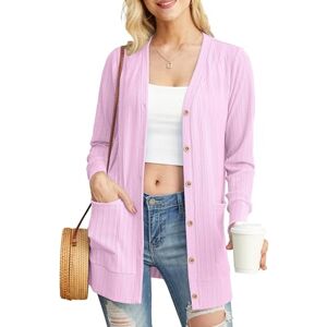 GRECERELLE Womens Summer Cardigan Long Sleeve Lightweight V Neck Hollowed-Out Ribbed Button Down Outerwear Cardigans with Pockets (Cherry Pink, M)