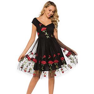 BlueSnow Women's Vintage Rose Embroidered Midi Dress V-Neck Short Sleeve Wedding Dress A-line Midi Dress (XXL, Y2)