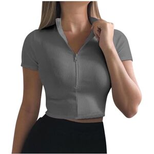 Longline Blouses For Women Uk Women Half Zip Cropped Tops Short Sleeve Stand-up Collar Blouse V Neck Ribbed Knit T Shirt Basic Slim Fit Tees Cute Summer Outfits Dressy Casual Tshirts Ladies Plain Shirts Y2K Streewear Gray