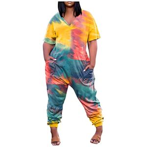 Haolei Tie Dye Jumpsuit for Women UK Plus Size 22-24 Oversized Jumpsuits Sale Clearance Casual V Neck Short Sleeve Playsuit Rainbow Gradient Graphic Jumpsuits Onesies Rompers Harem Trousers with Pockets