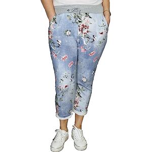 c2pwear Womens Elasticated Waist Turn Up Italian Trousers Side Pocket Drawstring Summer Pants (Light Denim Petuna Floral UK 20-22)