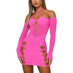 Madger Women Sheer Mesh Hollow Out Mini Dress Halter Neck See Through Long Sleeve Bodycon Short Dress Y2k Cocktail Party Clubwear (Pink, L)