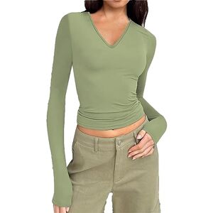 Women'S Bottoming T-Shirt Women's Casual Long-Sleeved Turtleneck Solid Colour Bottoming Hollow Slim V-Neck T-Shirt Tops Autumn Sets of Loose Long-Sleeved Jumper Tops Long-Sleeved Turtleneck Tops Shirts Jumper Blouses B Green