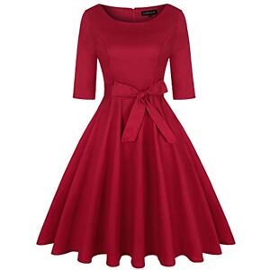 MINTLIMIT Womens Vintage 1950's Half Sleeve Plain Rockabilly Garden Party Dress with Pockets(Plain Wine Red,Size L)