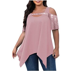 Mrat Big Promotion Off Shoulder Tops for Women Oversized T Shirts O Neck Short Sleeve Tops Sequin Patchwork Tops Plus Size Tops Party Baggy Tees Summer Asymmetrical Shirt Blouse Sale Pink 6XL