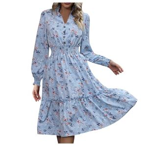 Generic Q-950 Sky Light Blue Womens Long Puff Sleeve Dresses Floral Loose Fit Dresses for Ladies V Neck Beach Brunch Boho Hawaiian Pleated Ruffle Midi Fall Summer Dresses 2024 BW L