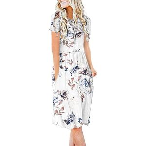 AUSELILY Summer Dress for Women Knee Length Dress Short Sleeve Causul Dresses with Pockets Pleated Empire Dress Flare Swing T-Shirt Dresses (Flower White, M)