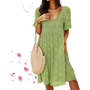 Amousd Women Floral Pockets Plus Size Midi Dress,Boho Floral Short Sleeve Dress Summer Baggy Casual Beach Swing Dress (Green,S)