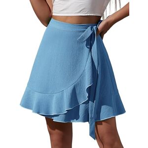 FEOYA Women's Wrap Mini Skirts Solid Ruffle Self Tie Short Skirt High Waist Skater Mini Skirt Casual Summer Beach Split Wrap Skirts 02 Blue L