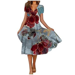 Generic W-664 Red Women Short Sleeve Dresses Floral Print Loose Fit Dresses for Teen Girls Vneck Beach Brunch Hawaiian T Shirt Tropical Maxi Long Fall Summer Dresses 2024 E6 XXL