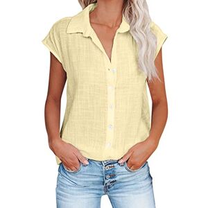 Generic Short Sleeve Button Shirt for Women UK Summer Crewneck Solid Colour Blouse Ladies Casual Loose Fit T Shirts Elegant Dressy Tunics Yellow