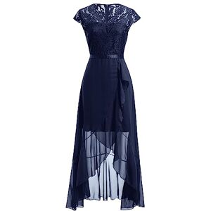 Odizli Wedding Guest Dresses for Women Elegant Vintage Summer Cap Sleeve V Neck Lace Chiffon Ruffle Long Dress Ladies Bridesmaid Party Cocktail Special Occasion Formal Evening Prom Gown Dark Blue XL