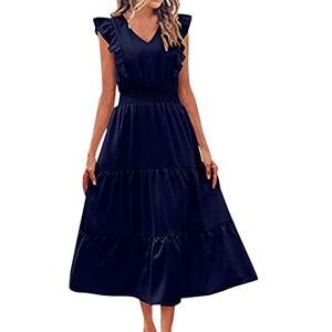 Generic Women's Ruffle Trim Sleeveless V-Neck Maxi Long Dress Elastic Waist Pleated Swing Aline Elegant Summer Beach Dresses Maxi Dresses Summer African Dresses, navy, XL