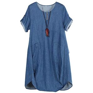 FTCayanz Women's Plus Size Tunic Dress Linen Dresses Summer Baggy T Shirt Dress with Pockets Denim Blue XX-Large