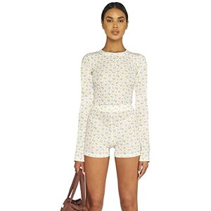 Femereina Women Two Piece Knitted Bodycon Outfits Sleeveless Floral Print Crop Top+ Short Pants Sets Tracksuit Sweatsuit Romper (Long sleeve#1, L)