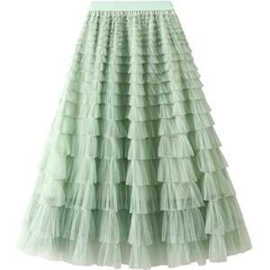 Delimali Women's Tulle Skirt High Waist Mesh Skirt Layered Yarn Skirt Ballet Prom Party Tulle Tutu A-Line Midi Skirt Pleated Swing Long Skirts (A-Light Green, One Size)