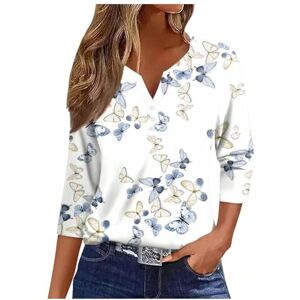 Generic Summer Women's V Neck Button 3/4 Sleeve Tops Floral Print Hawaiian Beach Tees Comfort Womens Tshirts Casual Office Work Shirts Loose Comfortable Top White