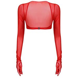 CHICTRY Women Sheer Mesh Shrug Tops Long Sleeve with Gloves Open Crop Tulle Top Pullover Blouses Red M