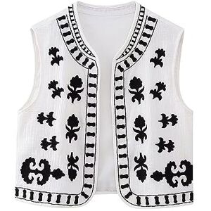 DELIMALI Women Sleeveless Cardigan Vest Waistcoat Beaded Embroidery Colorful Floral Open Front Jacket Boho Crop Top (D-White, L)