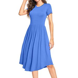 PCEAIIH Women Short Sleeve Polka Dot Casual Pockets Swing Pleated T-Shirt Midi Dress Knee Length (L, Plain Blue)