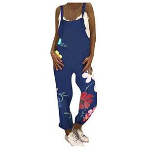 Binggong Jumpsuit Women's Summer Long Linen Look Bib Overalls Retro Summer Trousers Romper Baggy Trousers Romper with Pockets XXXL Dark blue 2