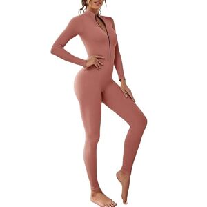 Litthing Women Yoga Jumpsuit Sports Romper Long Sleeve Unitard Stretchy Playsuit Ribbed Knit Zip Up Workout Outfit Slim Fit One Piece Bodysuit Fitness Sportswear Daily Wear