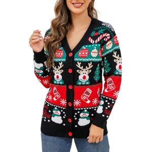 Generic Christmas Cardigan for Women V Neck Open Front Knit Outerwear Casual Xmas Snowman Elk Ugly Sweater Long Sleeve Jacket Coats Black Womens Cardigans XXXL