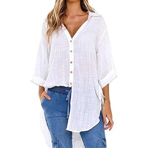 Womens Blouses, SHOBDW Ladies Shirt Long Sleeve V Neck Tunic Solid Baggy Loose Casual Blouse Button Down Cotton Irregular Hem Vintage Dress Linens Half Bow Multicolor Top (M, White)