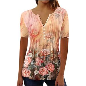 Haolei Tunic Tops for Women UK Long Length Button Down Shirt Floral Print Summer Tops Dressy Casual Bell Short Sleeve Blouses Henley V Neck Spring Ladies T Shirts Plus Size 22