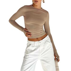 Yileegoo Women's Y2K Slim Fit Crop Tops Casual Solid Color Off Shoulder Crew Neck Long Sleeve Tight T-Shirt Basic Blouse Tee Tops (A2 Khaki, S)