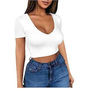 ASIYAN Women's Short Sleeve Crop T-Shirt V-Neck Top Belly Bare Tops Casual Sexy Tops Pullover Casual T-Shirts Slim Top Shirts Womens Casual (Color : White, Size : M)