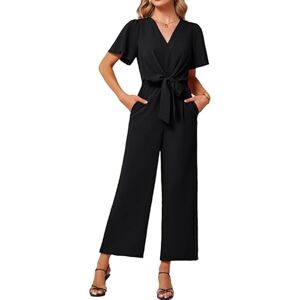 JASAMBAC Black jumpsuits Women Dressy Casual One Piece V Neck Short Sleeve Summer Outfits Loose Linen Pants Romper with Pockets Wedding Guest Outfits