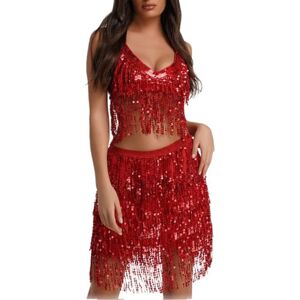 KBOPLEMQ Women's Belly Dance Costume Two Piece Sexy Tassel Sequin Bra Top + Hip Scarf Skirt / Shorts 2-Piece Set Glitter Shiny Festival Night Club Costume Dance Wear Pole Dance Outfits