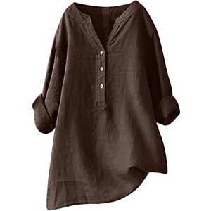 Yolimok Summer Cotton Linen Tops for Women UK, 2024 Womens Casual 3/4 Sleeve Buttons V Neck Loose Blouse Dressy Ligntweight Plus Size Shirts Oversized Tees Dressy Blouses Office Work Blouse Brown