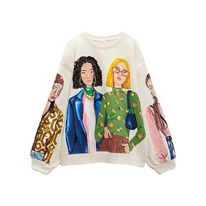 Merfrede Women Graffiti Print Loose Sweatshirt Casual Long Sleeve Crew Neck Pullover Tops Boyfriend Y2K 90s Hip Hop Streetwear (Yellow Hair Beige, L)