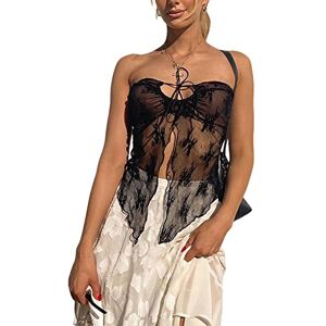 Qkiome Women's Y2k Summer Skinny Tank Tops Black Sleeveless Off Shoulder Irregular Lace Floral Crop Bandeau Club Streetwear (Black 2, M)